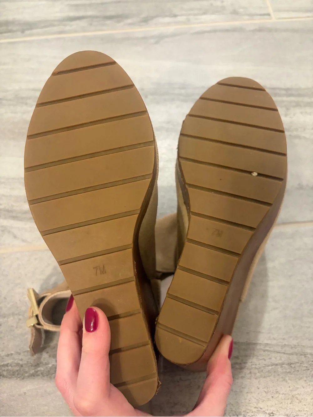 Kenneth Cole Beige Suede Open-Toe Wedge Sandals with Buckle